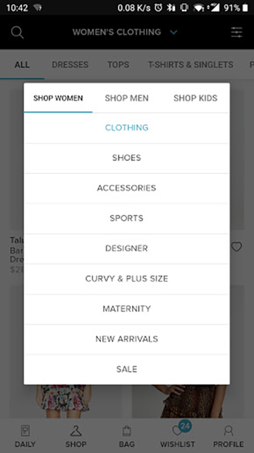 Navigation menu of ecommerce site showing womens clothing options